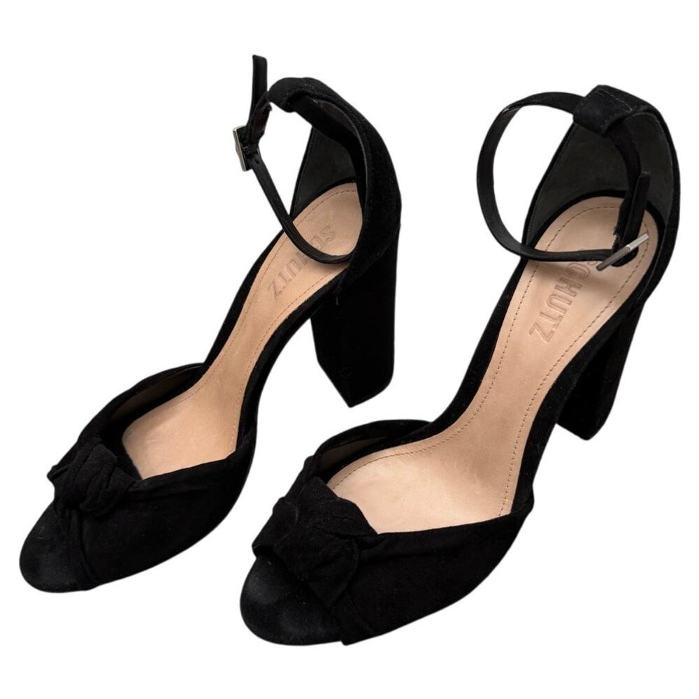 Schutz Womens Black Suede Ankle Strap Block Heel Sandals Size 8